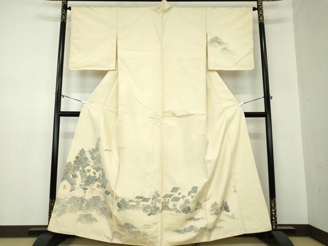 平和屋着物●訪問着　紬地　作家物　手描き　風景文　正絹　逸品　DABA1416ps