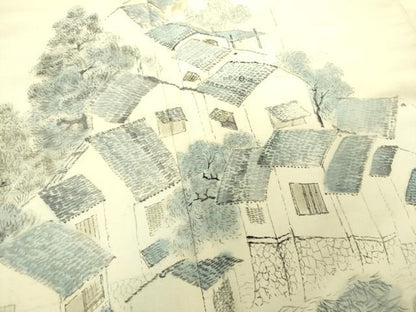 平和屋着物●訪問着　紬地　作家物　手描き　風景文　正絹　逸品　DABA1416ps