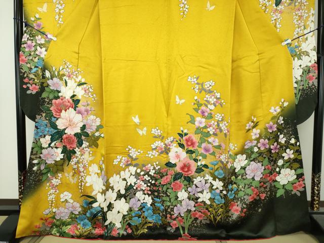 平和屋着物●豪華振袖　駒刺繍　舞蝶花文　暈し染め　金彩　正絹　逸品　DABA1475ps 平和屋着物○豪華振袖 駒刺繍 舞蝶花文 暈し染め 金彩