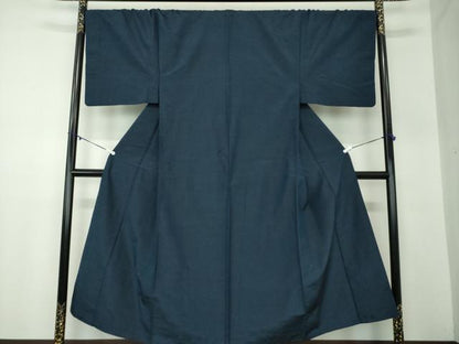 平和屋着物●男性　紬　アンサンブル　長羽織　色無地　濃紺地　正絹　逸品　DABA1493ps