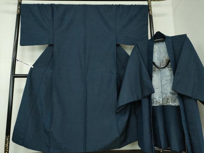 平和屋着物●男性　紬　アンサンブル　長羽織　色無地　濃紺地　正絹　逸品　DABA1493ps