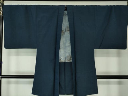 平和屋着物●男性　紬　アンサンブル　長羽織　色無地　濃紺地　正絹　逸品　DABA1493ps