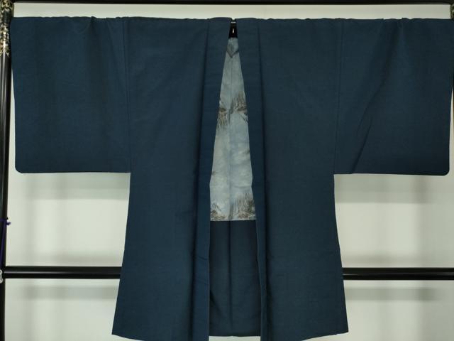 平和屋着物●男性　紬　アンサンブル　長羽織　色無地　濃紺地　正絹　逸品　DABA1493ps