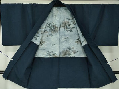 平和屋着物●男性　紬　アンサンブル　長羽織　色無地　濃紺地　正絹　逸品　DABA1493ps