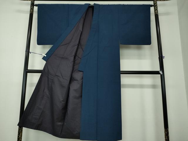 平和屋着物●男性　紬　アンサンブル　色無地　紺地　正絹　逸品　DABA1498ps