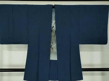 平和屋着物●男性　紬　アンサンブル　色無地　紺地　正絹　逸品　DABA1498ps