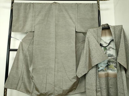 平和屋着物●男性　紬　アンサンブル　キングサイズ　長羽織・髭紬　鈍色　正絹　逸品　DABA1501ps
