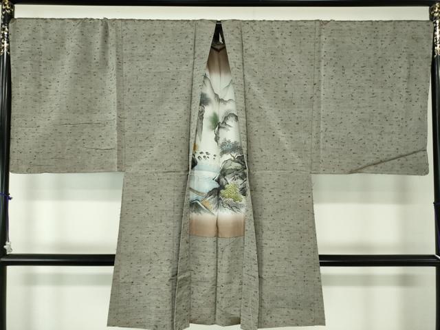平和屋着物●男性　紬　アンサンブル　キングサイズ　長羽織・髭紬　鈍色　正絹　逸品　DABA1501ps