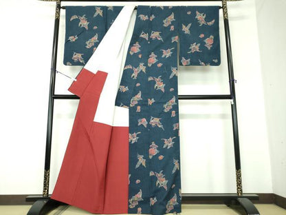 平和屋着物●上質な紬　紅型　花鳥文　反端付き　正絹　逸品　未使用　DABA1508ps