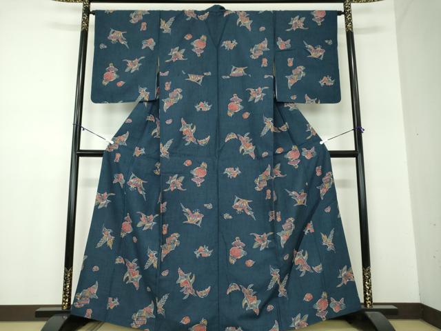 平和屋着物●上質な紬　紅型　花鳥文　反端付き　正絹　逸品　未使用　DABA1508ps