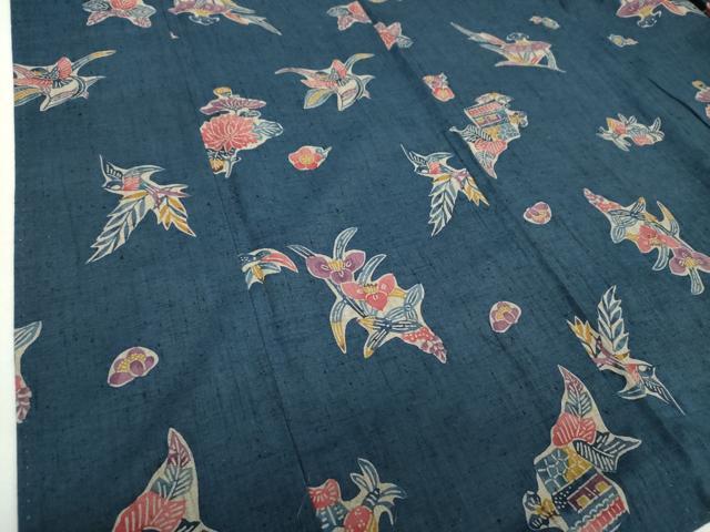 平和屋着物●上質な紬　紅型　花鳥文　反端付き　正絹　逸品　未使用　DABA1508ps