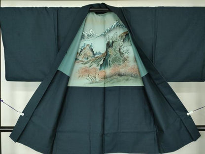 平和屋着物●男性　紬　アンサンブル・長襦袢(無双仕立て)セット　長羽織　100亀甲　総詰め　正絹　逸品　DABA1524ps