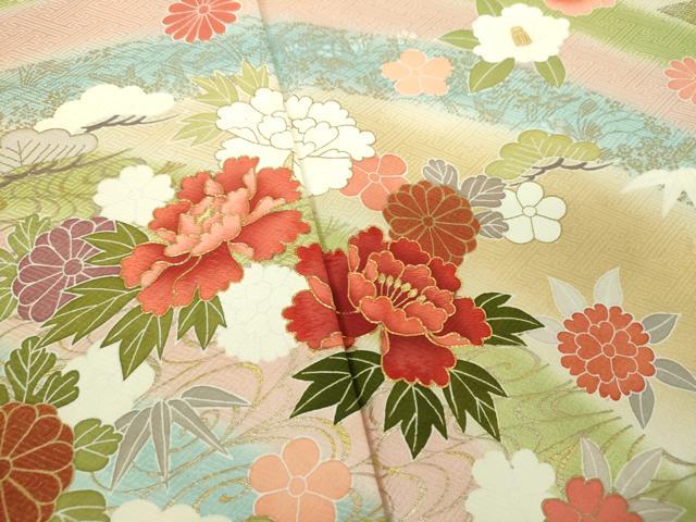 平和屋着物○訪問着 駒刺繍 流水花文 暈し染め 金彩 正絹