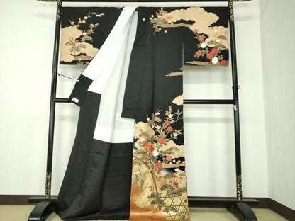平和屋着物●訪問着　駒刺繍　雲取り籬花文　黒地　暈し染め　金彩　やまと誂製　正絹　逸品　未使用　DABA1550ps