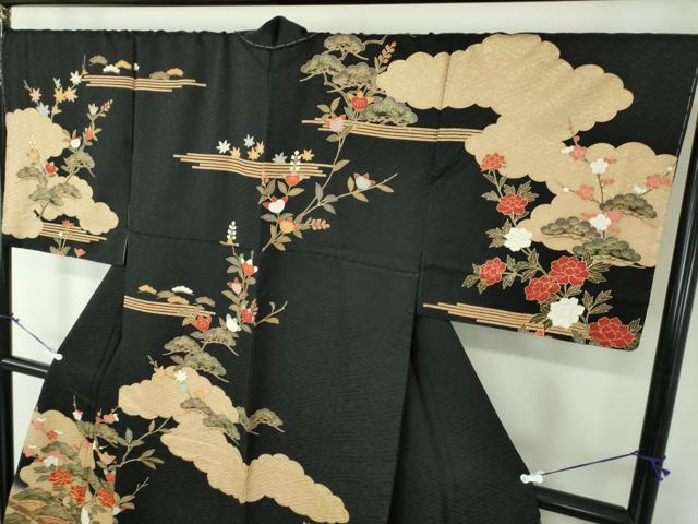 平和屋着物●訪問着　駒刺繍　雲取り籬花文　黒地　暈し染め　金彩　やまと誂製　正絹　逸品　未使用　DABA1550ps