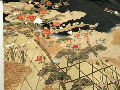 平和屋着物●訪問着　駒刺繍　雲取り籬花文　黒地　暈し染め　金彩　やまと誂製　正絹　逸品　未使用　DABA1550ps