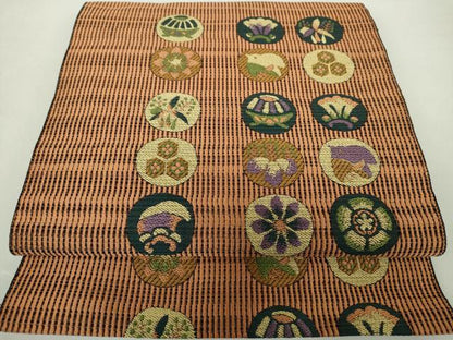 平和屋着物●本場筑前博多織 八寸名古屋帯 花鳥丸文 共箱付き 正絹 逸品 DABA1583ps