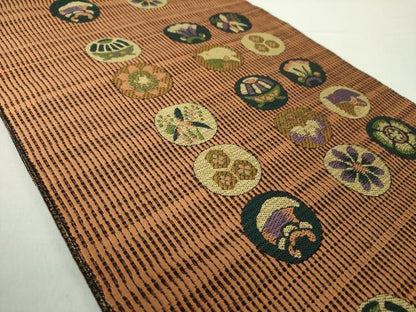 平和屋着物●本場筑前博多織 八寸名古屋帯 花鳥丸文 共箱付き 正絹 逸品 DABA1583ps