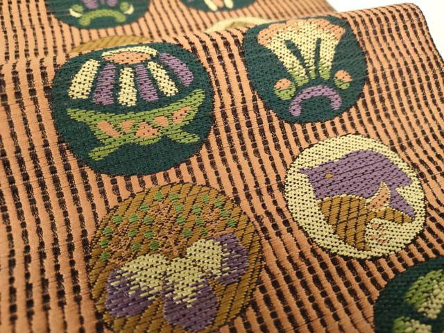 平和屋着物●本場筑前博多織 八寸名古屋帯 花鳥丸文 共箱付き 正絹 逸品 DABA1583ps