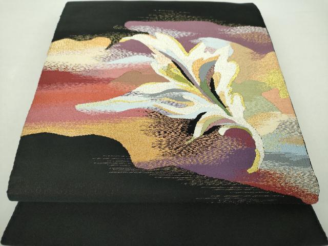 平和屋着物●綴錦織元　安田織鴻　爪掻き本綴れ　八寸名古屋帯　更紗花文　黒地　金銀糸　たとう紙・共箱付き　正絹　逸品　DABA1585ps 平和屋着物○綴錦織元 安田織鴻 爪掻き本綴れ 八寸