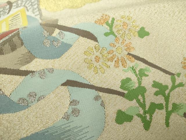 平和屋着物●爪掻き本綴れ　八寸名古屋帯　花鳥文　金銀糸　正絹　逸品　CABD4338dy 平和屋着物○爪掻き本綴れ 八寸名古屋帯 地紙花鳥文 金銀糸 正絹 逸品