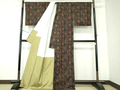 平和屋着物●上質な小紋　紬地　更紗花文　黒地　正絹　逸品　DABA1590ps