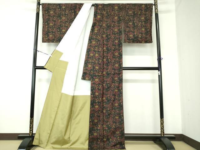 平和屋着物●上質な小紋　紬地　更紗花文　黒地　正絹　逸品　DABA1590ps