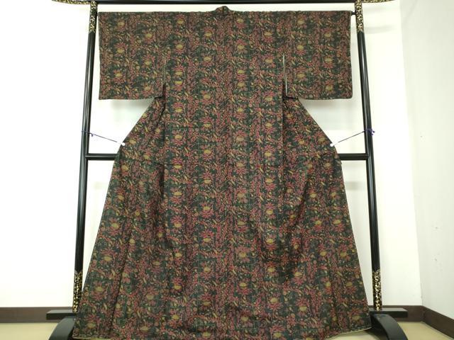 平和屋着物●上質な小紋　紬地　更紗花文　黒地　正絹　逸品　DABA1590ps