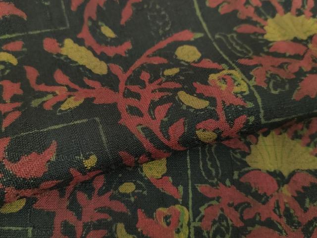 平和屋着物●上質な小紋　紬地　更紗花文　黒地　正絹　逸品　DABA1590ps