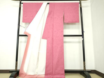 平和屋着物●上質な色無地　草花地紋　中紅色　正絹　逸品　DABA1591ps