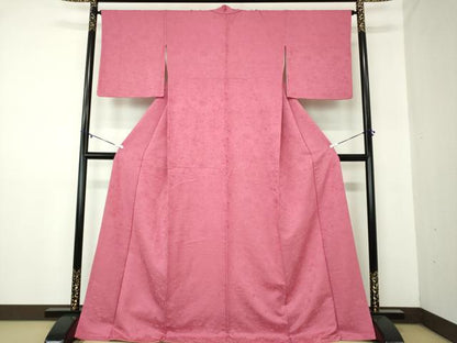 平和屋着物●上質な色無地　草花地紋　中紅色　正絹　逸品　DABA1591ps