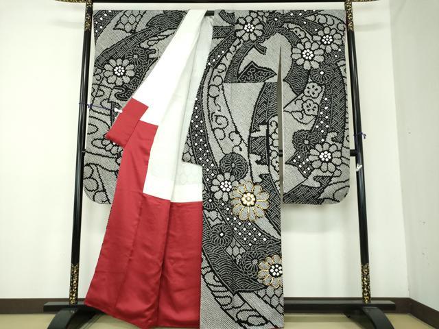 平和屋着物●豪華振袖　駒刺繍　絞り　花熨斗文　黒地　金糸　正絹　逸品　DABA1614ps