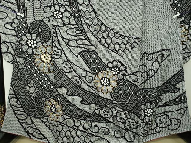 平和屋着物●豪華振袖　駒刺繍　絞り　花熨斗文　黒地　金糸　正絹　逸品　DABA1614ps