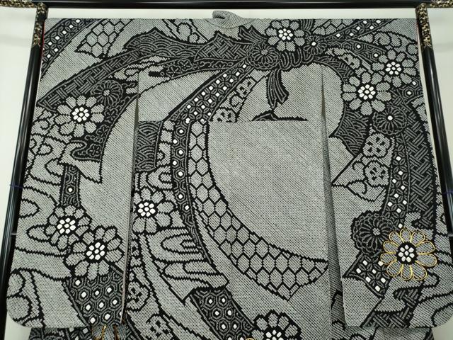 平和屋着物●豪華振袖　駒刺繍　絞り　花熨斗文　黒地　金糸　正絹　逸品　DABA1614ps