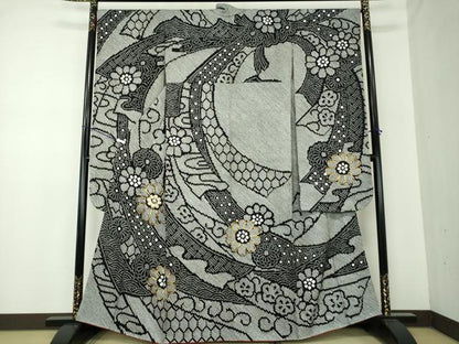 平和屋着物●豪華振袖　駒刺繍　絞り　花熨斗文　黒地　金糸　正絹　逸品　DABA1614ps