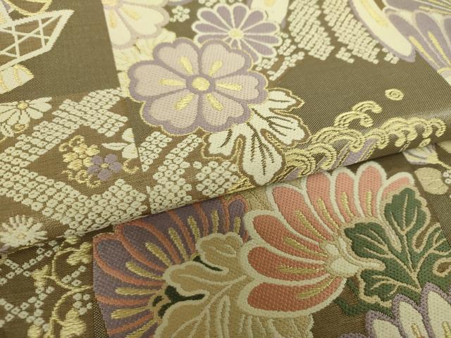 平和屋着物●六通柄　本袋帯　立波片輪車花文　金糸　やまと誂製　正絹　逸品　DABA1633ps 平和屋着物○六通柄 本袋帯 立波片輪車花文 金糸