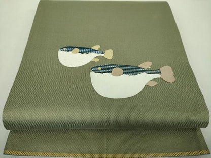 平和屋着物●太鼓柄袋帯　河豚　魚　金糸　正絹　逸品　DABA1637ps