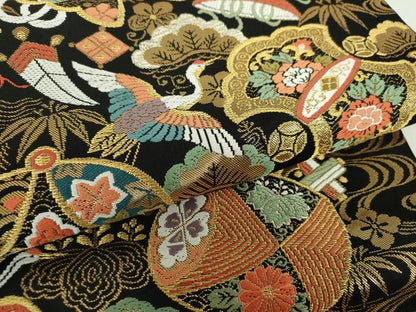 平和屋着物●六通柄　本袋帯　唐織　宝尽くし飛鶴花文　黒地　金銀糸　正絹　逸品　DABA1644ps