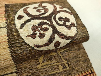 平和屋着物●太鼓柄袋帯 スリーシーズン帯 春 夏 秋 すくい織 もじり織 市松花鳥文 金糸 正絹 逸品 DABA1651ps