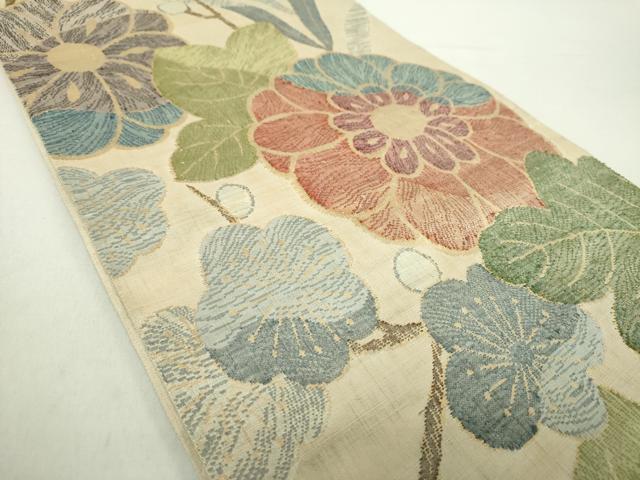 平和屋着物●六通柄袋帯　紬地　草花文　金糸　正絹　逸品　DABA1654ps