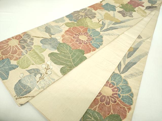 平和屋着物●六通柄袋帯　紬地　草花文　金糸　正絹　逸品　DABA1654ps