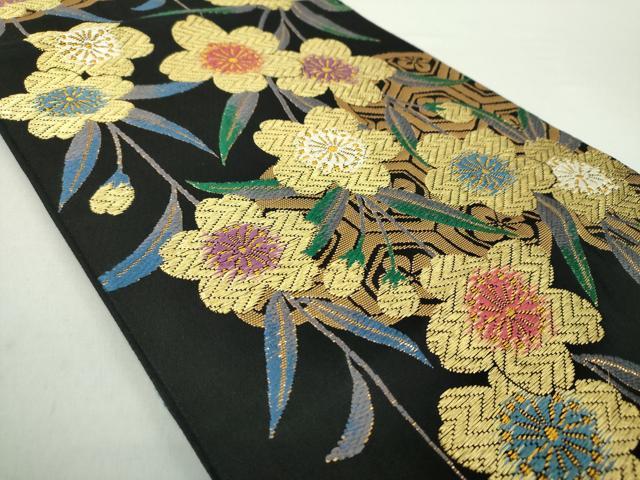 平和屋着物●ファッションデザイナー　花井幸子　六通柄袋帯　唐織　枝垂れ桜　雲取り七宝花文　黒地　金糸　正絹　逸品　DABA1670ps