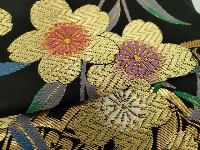 平和屋着物●ファッションデザイナー　花井幸子　六通柄袋帯　唐織　枝垂れ桜　雲取り七宝花文　黒地　金糸　正絹　逸品　DABA1670ps