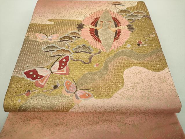 平和屋着物●中国三大刺繍 スワトウ相良刺繍 汕頭相良刺繍 蘇州刺繍 総刺繍 太鼓柄袋帯 双鶴菱 金銀彩 証紙付 正絹 逸品 未使用 DABA1672ps