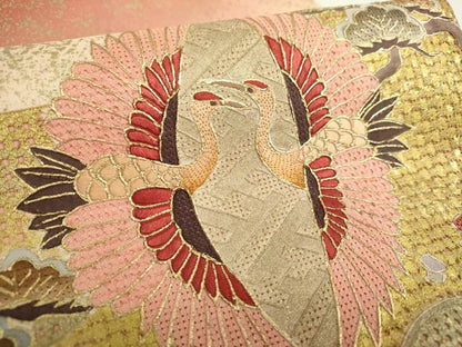 平和屋着物●中国三大刺繍 スワトウ相良刺繍 汕頭相良刺繍 蘇州刺繍 総刺繍 太鼓柄袋帯 双鶴菱 金銀彩 証紙付 正絹 逸品 未使用 DABA1672ps