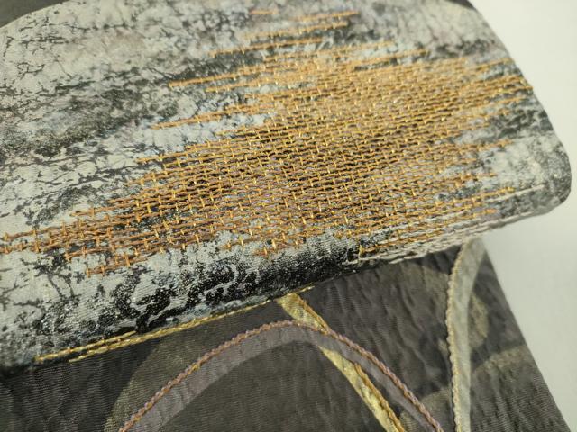 平和屋着物●太鼓柄袋帯　刺繍　桃山結幡　流水草葉文　金銀彩　正絹　逸品　DABA1683ps