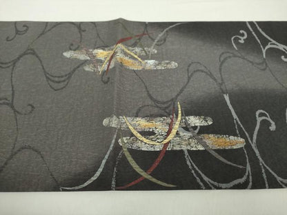平和屋着物●太鼓柄袋帯　刺繍　桃山結幡　流水草葉文　金銀彩　正絹　逸品　DABA1683ps