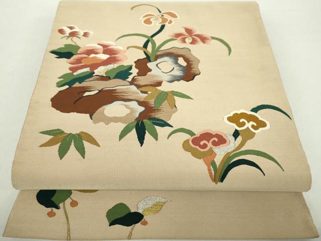 平和屋着物●爪掻き本綴れ　太鼓柄袋帯　草花文　金銀糸　正絹　逸品　DABA1693ps