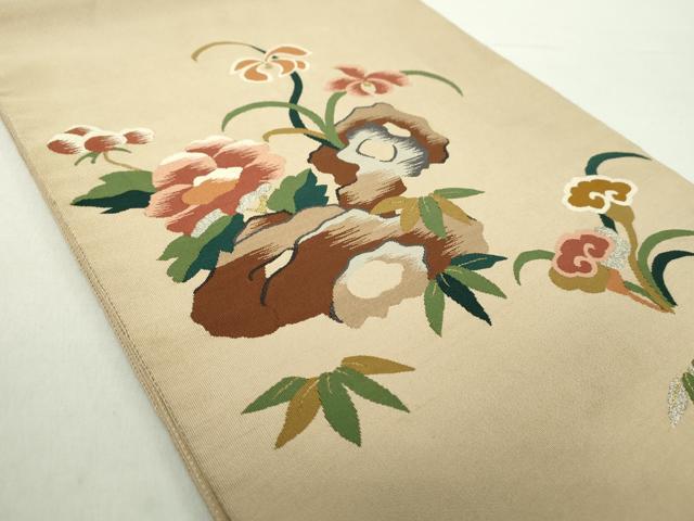 平和屋着物●爪掻き本綴れ　太鼓柄袋帯　草花文　金銀糸　正絹　逸品　DABA1693ps