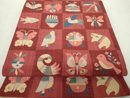 平和屋着物●六通柄　本袋帯　大島好み　市松鳥獣文　正絹　逸品　DABA1695ps